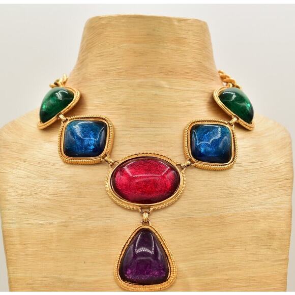 KJL Avon Cabochon Necklace Bib Multicolor Gripoix Jelly Gold Chunky Signed BinAU - Picture 1 of 12